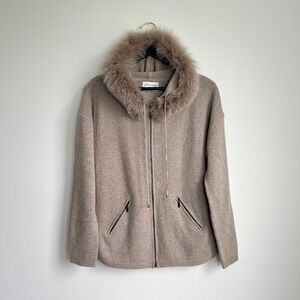 Schweitzer Linen Luxury Cashmere Rabbit Fur Trimmed Hood Zip Cardigan Sweater